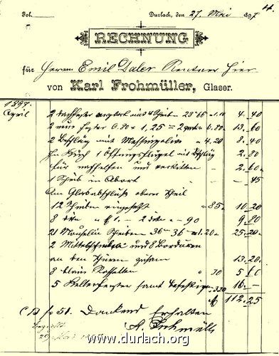 Rechnung Glaserei Frohmller, 1897