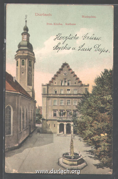 1909 - Prot. Kirche, Rathaus, Marktplatz Durlach