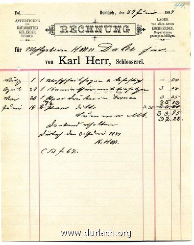 Rechnung Schlosserei Herr, 1899