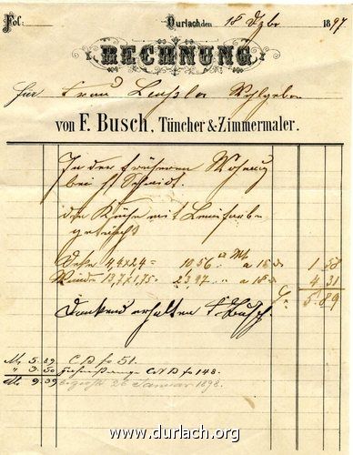 Rechnung Maler Busch, 1897