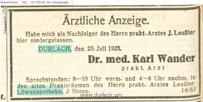 Arzt Anzeige 1925