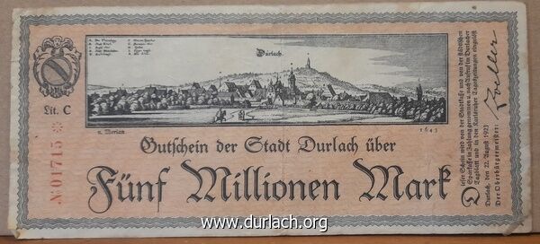 Gutschein Durlach 5 Millionen Mark 1923