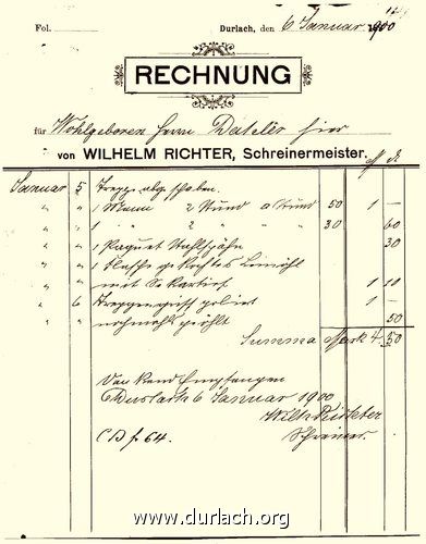 Rechnung Schreinerei Richter, 1900