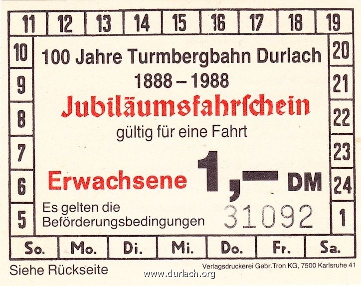 Fahrschein der Turmbergbahn